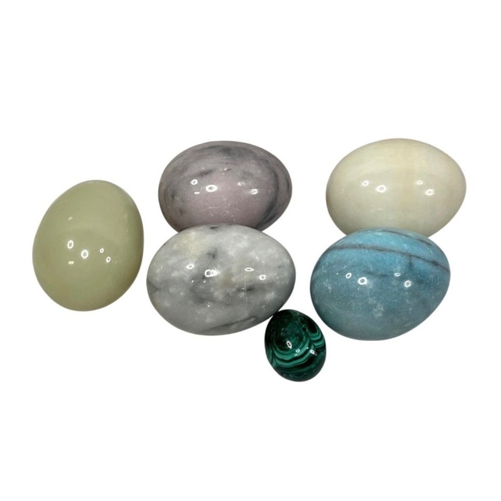 Natural Polished Gemstone Egg Collection Set of 6 Malachite Marbled Stone Decor - Picture 6 of 7